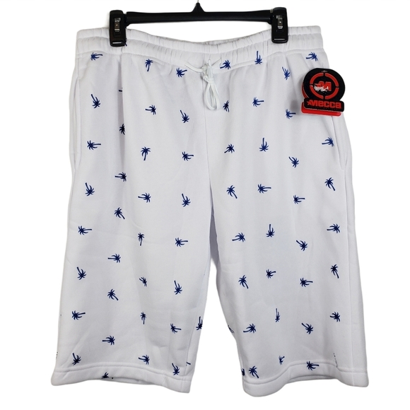 Mecca White Blue Palm Tree Print Fleece Shorts Men's Sz XL Drawstring Waist - Picture 1 of 7